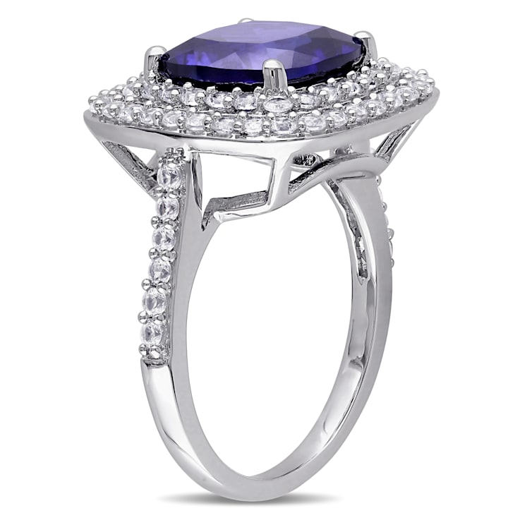 7 1/10 CT TGW Created Blue and White Sapphire Double Halo Ring in
Sterling Silver