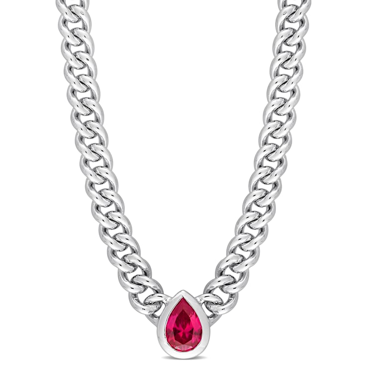 1 1/7 CT TGW Pear Created Ruby Curb Link Chain Necklace in Sterling Silver