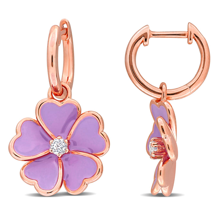 1/6 CT TGW White Topaz with Purple Enamel Flower Hoop Earrings in Rose
Plated Sterling Silver
