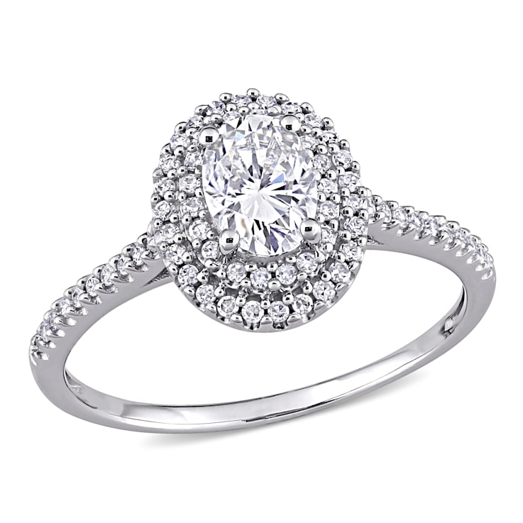 1 CT DEW Created Moissanite and 1/3 CT TW Diamond Double Halo Engagement
Ring in 14K White Gold