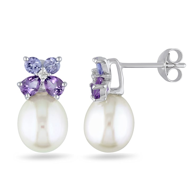 8-8.5MM White Cultured Pearl, Diamond, Tanzanite and Amethyst Stud
Earrings in Sterling Silver