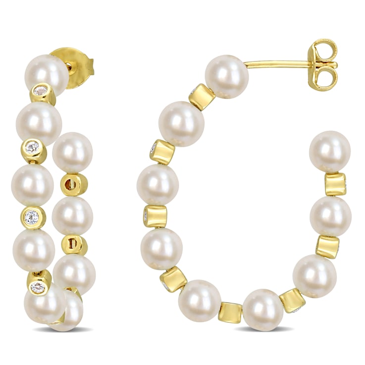 4.5-5MM Cultured Pearl and White Topaz Hoop Earrings in 14K Yellow Gold
Over Sterling Silver