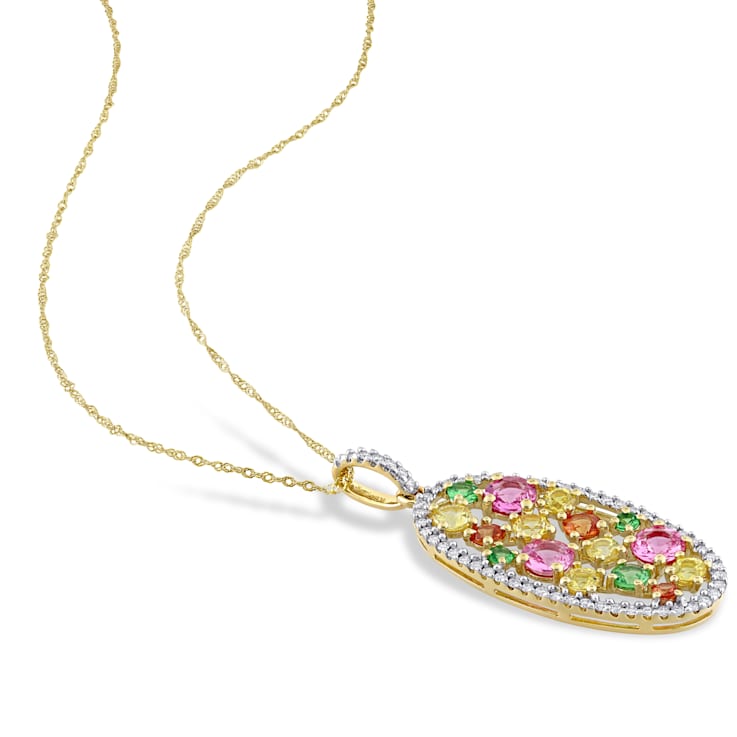 2 1/10 CT TGW Multi-Color Gemstone and 3/8 CT TW Diamond Pendant with
Chain in 14K Yellow Gold