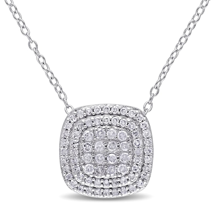 1/2 CT TW Diamond Layered Halo Pendant with Chain in Sterling Silver