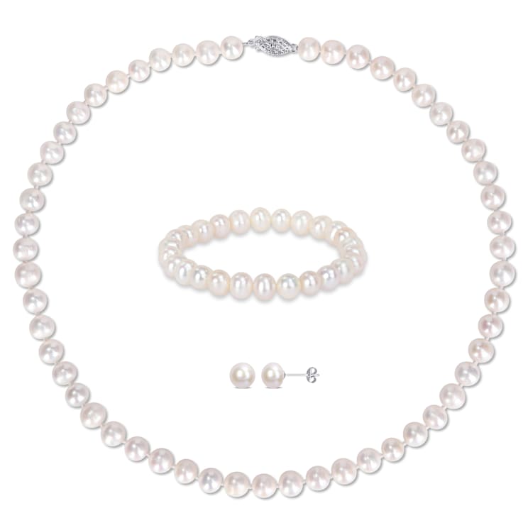 7.5-8MM Freshwater Cultured Pearl Necklace, Earrings & Bracelet Set
in Sterling Silver