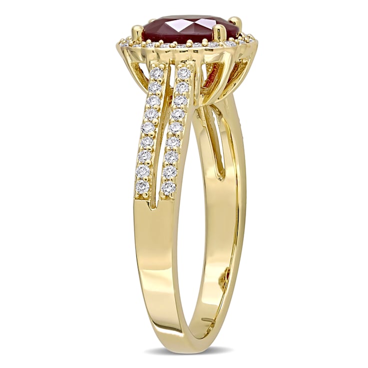 1 3/8 CT TGW Ruby and 1/3 CT TW Diamond Floral Halo Double Row Ring in
14K Yellow Gold