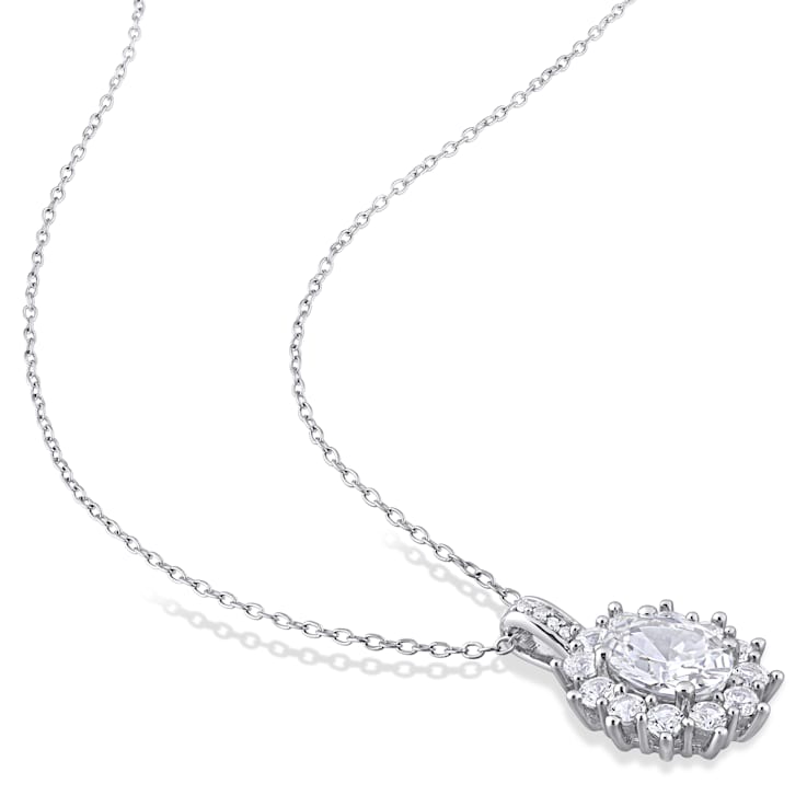 4 CT TGW Created White Sapphire and Diamond Accent Floral Halo Pendant
with Chain in Sterling Silver