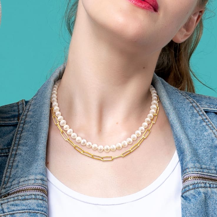 7-7.5 MM Freshwater Cultured Pearl Link Layered Necklace in 18K Yellow
Gold Over Sterling Silver