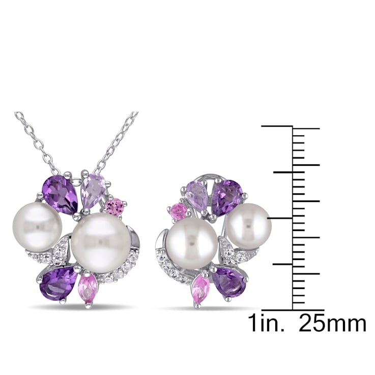 6.5-8MM Freshwater Cultured Pearl Multi-gems Earrings and Pendant Set in
Sterling Silver