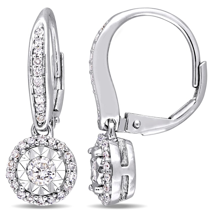 1/2 CT TW Diamond Halo Circular Leverback Earrings in Sterling Silver
