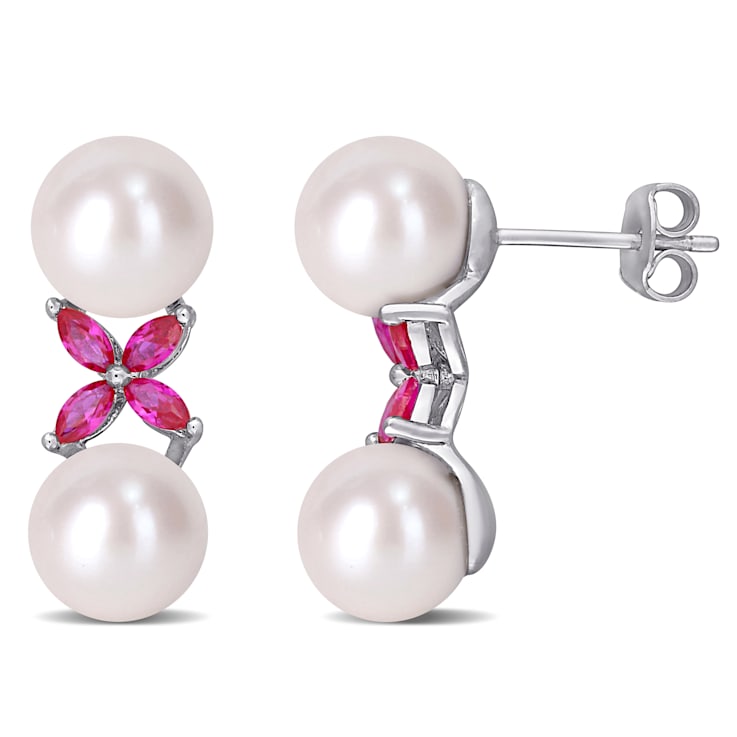 8.5 9MM Cultured Freshwater Pearl and Created Ruby Cross Earrings in Sterling Silver 198R8A
