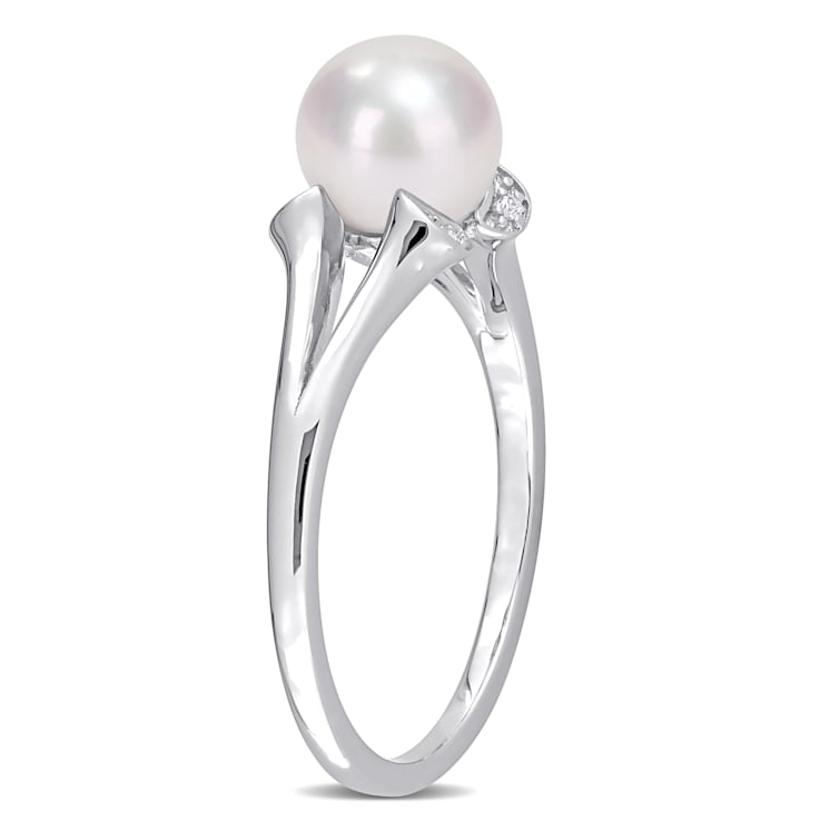 7-7.5MM Freshwater Cultured Pearl and Created White Sapphire Split-Shank
Ring in Sterling Silver