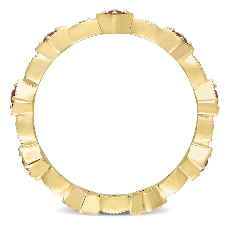 3/8 CT TGW Created Ruby and Diamond Accent Eternity Ring in 10K Yellow Gold