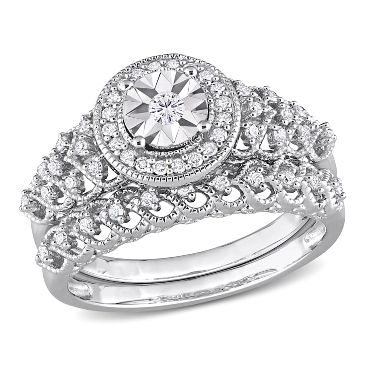 1/3 CT TW Diamond Halo Bridal Ring Set in Sterling Silver