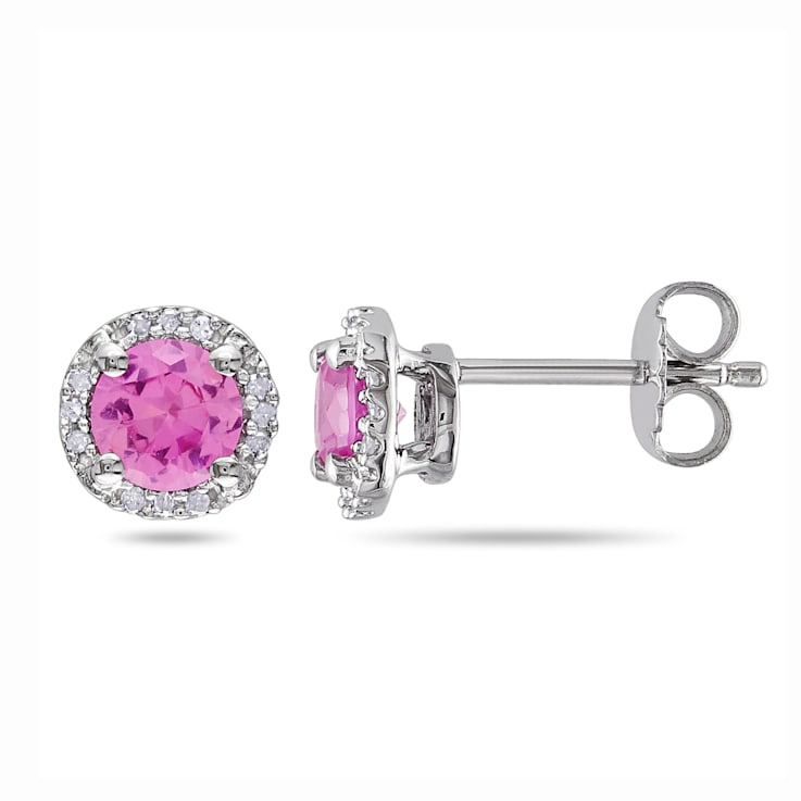 1 1/6 CT TGW Created Pink Sapphire and Diamond Accent Stud Earrings in
Sterling Silver