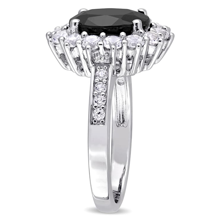 4 3/4 CT TGW Black Sapphire and Created White Sapphire Halo Ring in
Sterling Silver