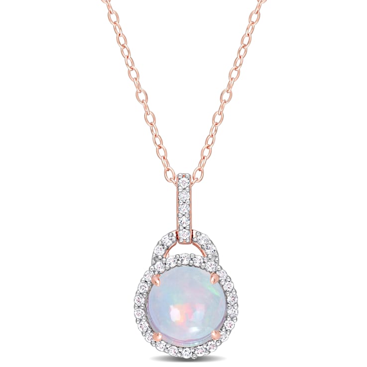 3 1/4 CT TGW Blue Ethiopian Opal and White Topaz Pendant with Chain in
Rose Plated Sterling Silver