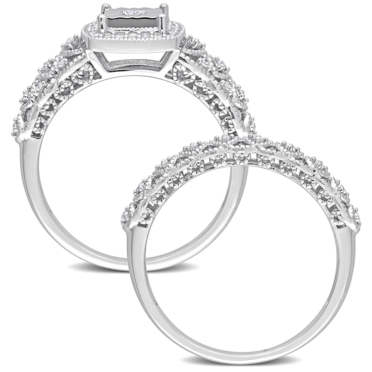 1/3 CT TW Diamond Square Halo Bridal Ring Set in Sterling Silver