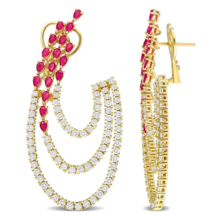 6 4/5 CT TGW Ruby and 3 1/4 Diamond Triple Row Earrings in 14K Yellow Gold