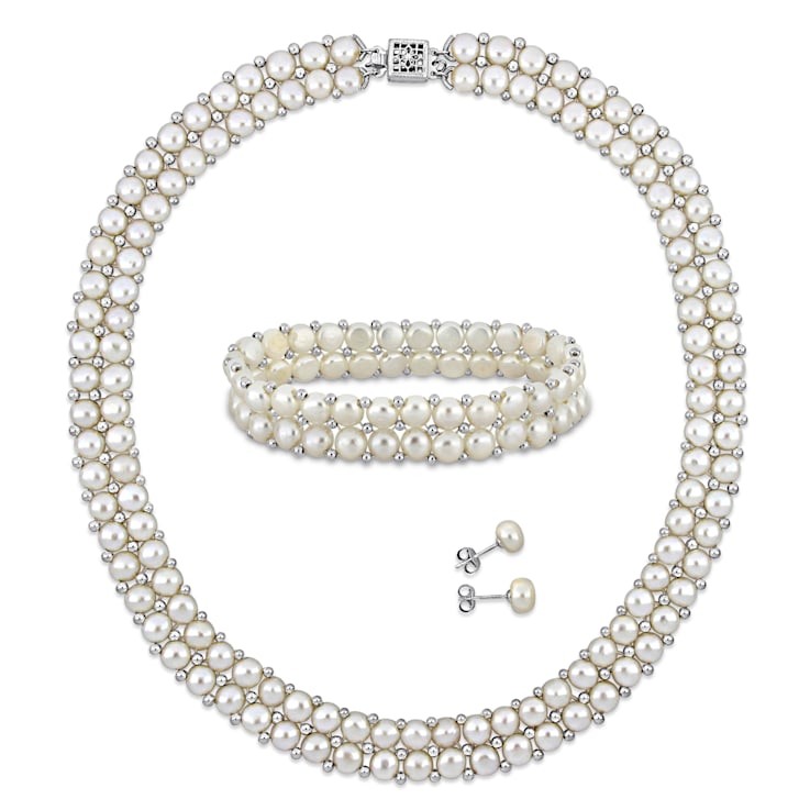 6-8MM Freshwater Cultured Pearl & Bead Double Row Strand, Bracelet
& Earrings Set in Sterling Silver