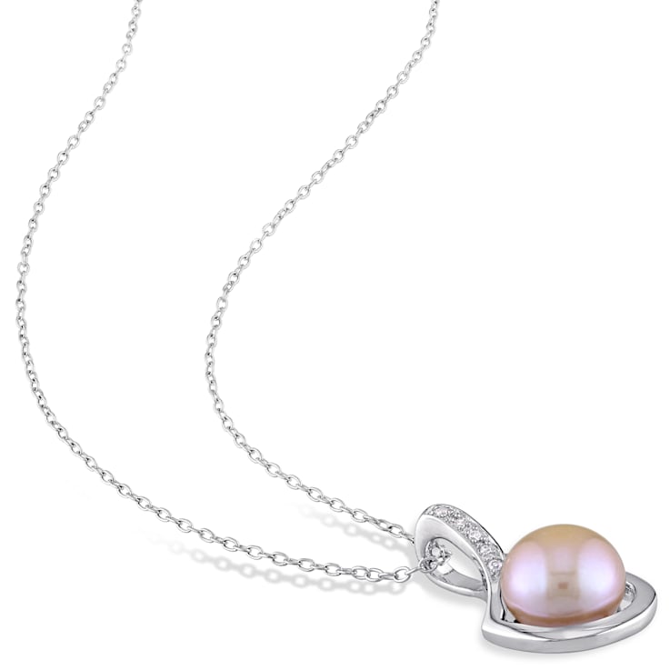 9-9.5MM Pink Freshwater Cultured Pearl & Diamond Earrings &
Pendant Set in Sterling Silver
