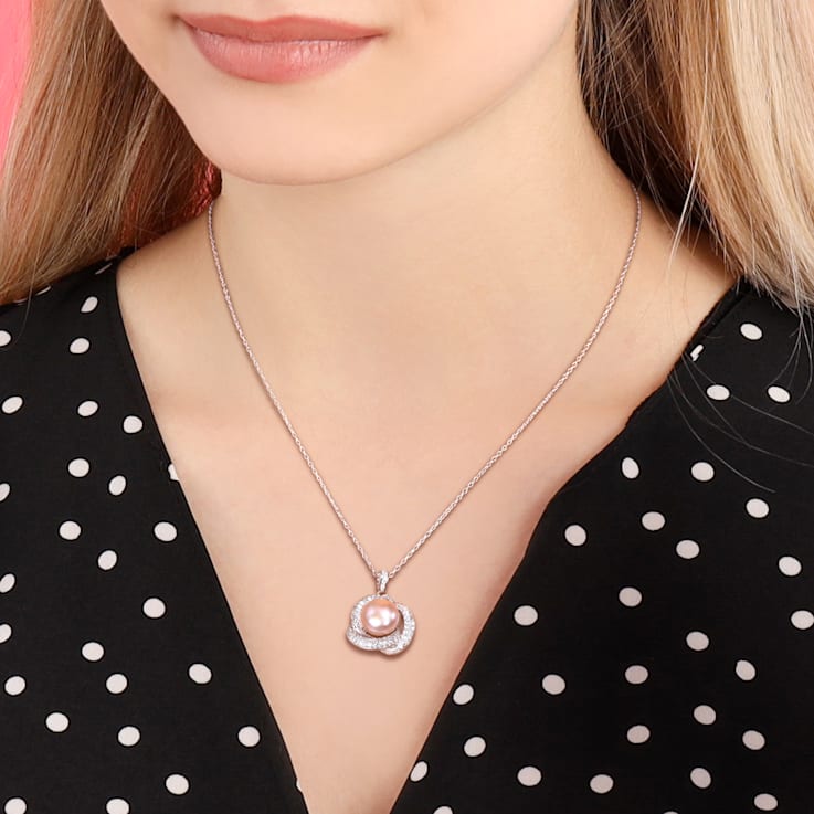 9.5-10MM Pink Freshwater Cultured Pearl and 4/5 CT TGW Cubic Zirconia
Pendant in Sterling Silver