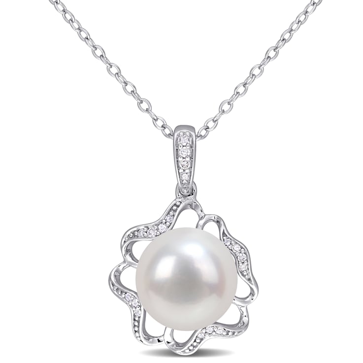 9.5-10MM Freshwater Cultured Pearl and Diamond Accent Floral Pendant
with Chain in Sterling Silver