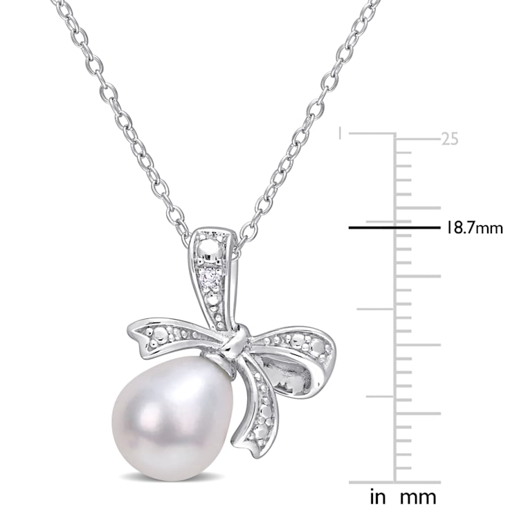 8.5-9MM Freshwater Cultured Pearl and Diamond Accent Bow Pendant with
Chain in Sterling Silver
