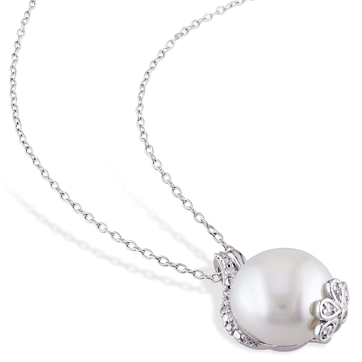 10-12.5MM Freshwater Cultured Pearl & Diamond Stud Earrings &
Pendant Set in Sterling Silver