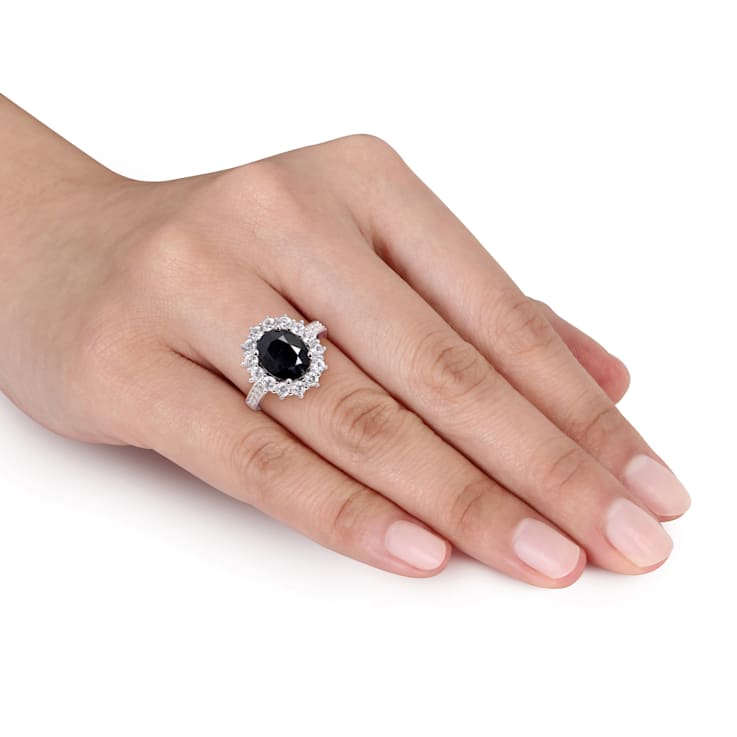 4 3/4 CT TGW Black Sapphire and Created White Sapphire Halo Ring in
Sterling Silver