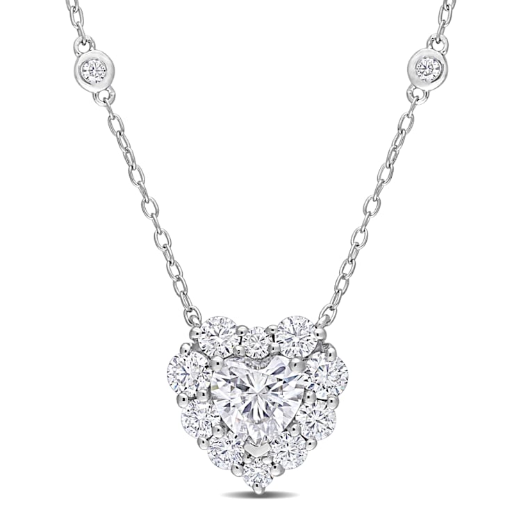 2 CT DEW Created Moissanite Halo Heart Necklace in Sterling Silver