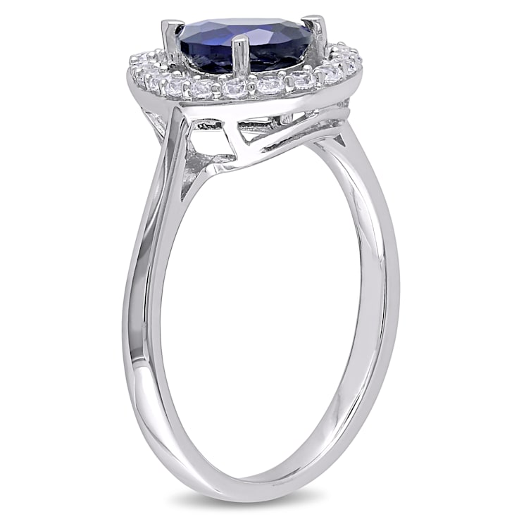 2 1/5 CT TGW Created Blue and White Sapphire Halo Ring in Sterling Silver