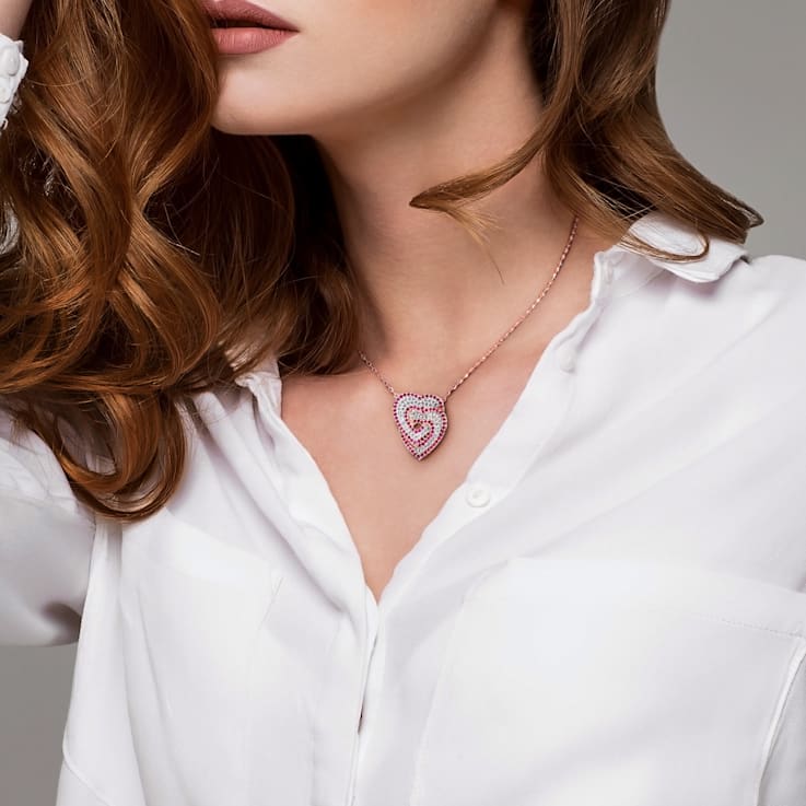 Created White Sapphire and Created Ruby Interlocking Hearts Sterling
Silver Pendant with Chain