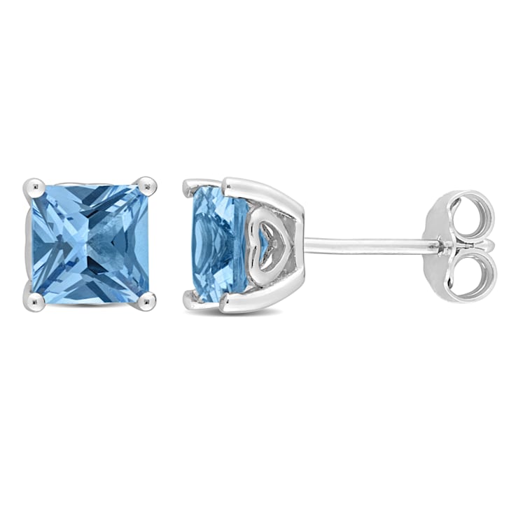 2 CT TGW Square Created Blue Spinel Stud Earrings in Sterling Silver