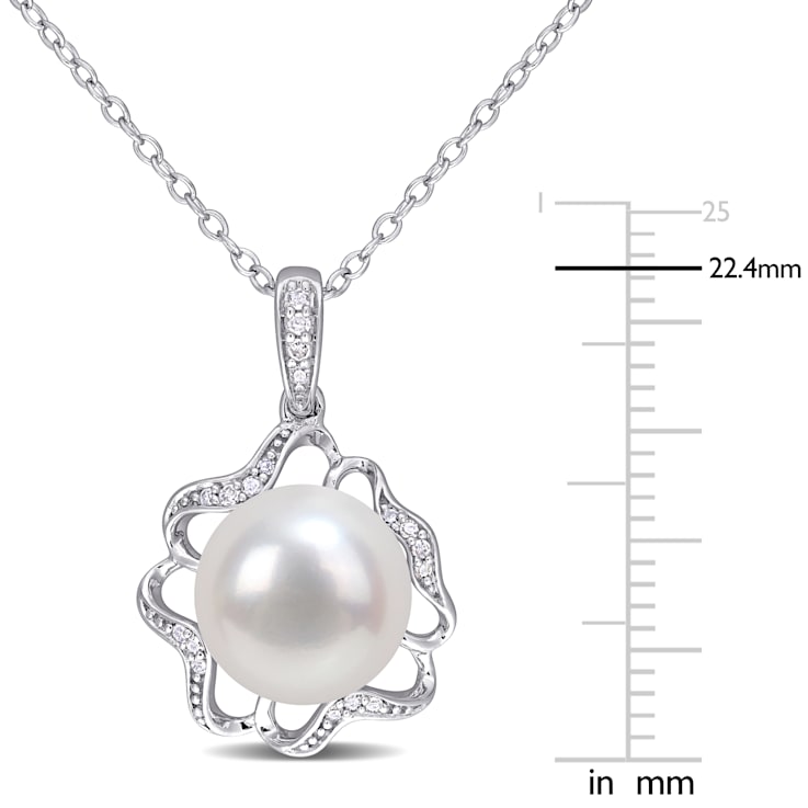 9.5-10MM Freshwater Cultured Pearl and Diamond Accent Floral Pendant
with Chain in Sterling Silver
