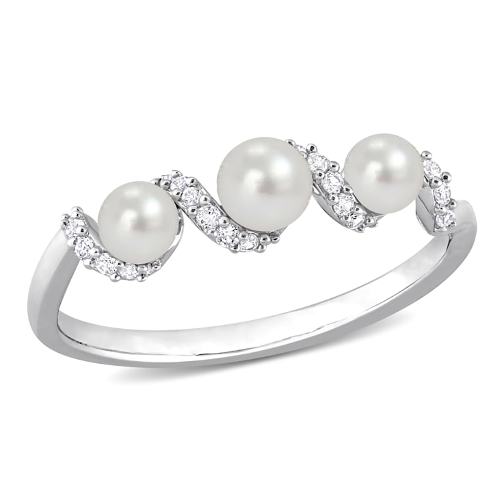 3-4MM Freshwater Cultured Pearl and 1/4 CT TGW Created White Sapphire
Swirl Ring in Sterling Silver