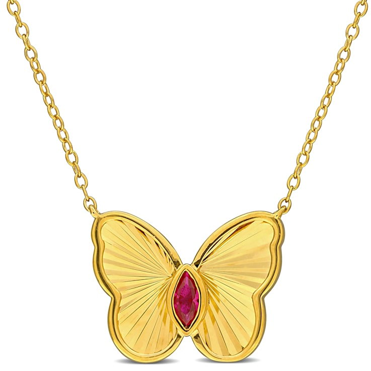 1/5 CT TGW Created Ruby Butterfly Necklace in Yellow Plated Sterling Silver