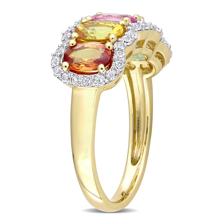 3 1/3 CT TGW Multi-Color Sapphire 5-Stone Halo Ring in 14K Yellow Gold