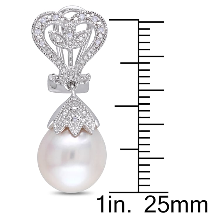 10-10.5 MM Freshwater Cultured Pearl and Diamond Accent Heart Leaf
Earrings in Sterling Silver