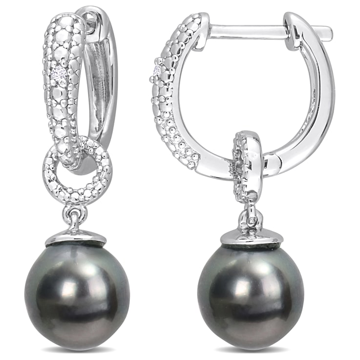8-8.5MM Black Tahitian Cultured Pearl and Diamond Accent Drop Huggie
Earrings in Sterling Silver