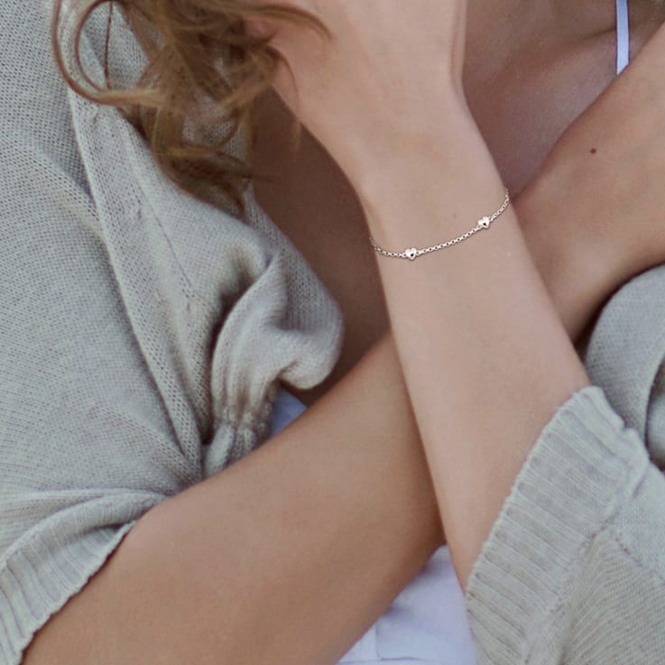 Heart Charm Station Bracelet in Sterling Silver