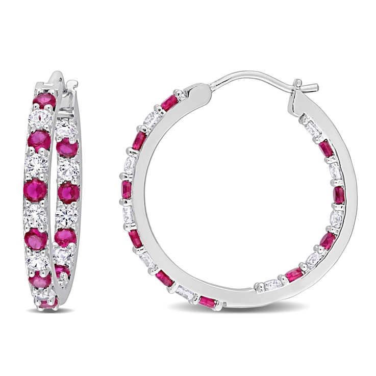 3 5/8 CT TGW Created Ruby and Created White Sapphire Hoop Earrings in
Sterling Silver