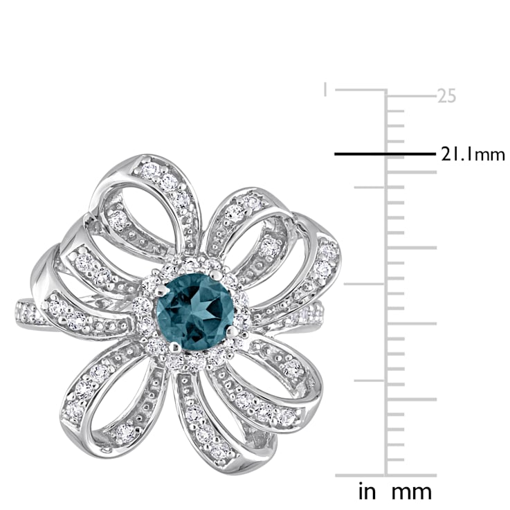 1 CT TGW London Blue and White Topaz Flower Cocktail Ring in Sterling Silver