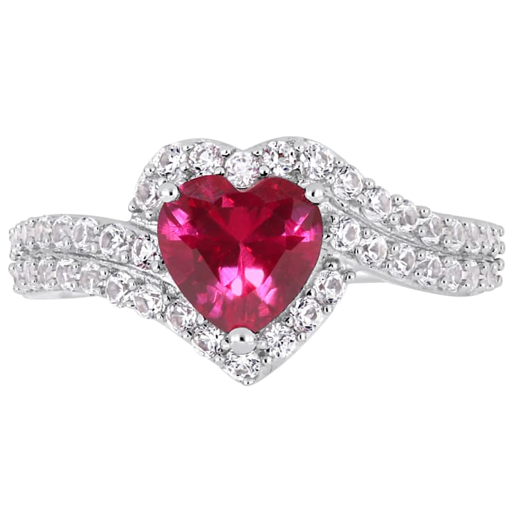 2 1/2 CT TGW Created Ruby and Created white Sapphire Halo Engagement
Ring in Sterling Silver
