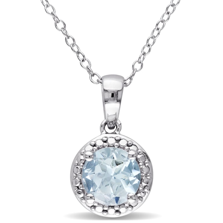 1 1/7 CT TGW Aquamarine Halo Pendant with Chain in Sterling Silver
