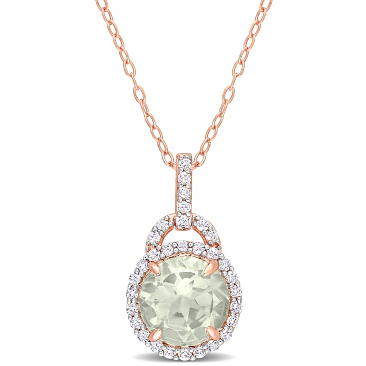 3 1/4 CT TGW Green Quartz and White Topaz Halo Pendant with Chain in
Rose Plated Sterling Silver