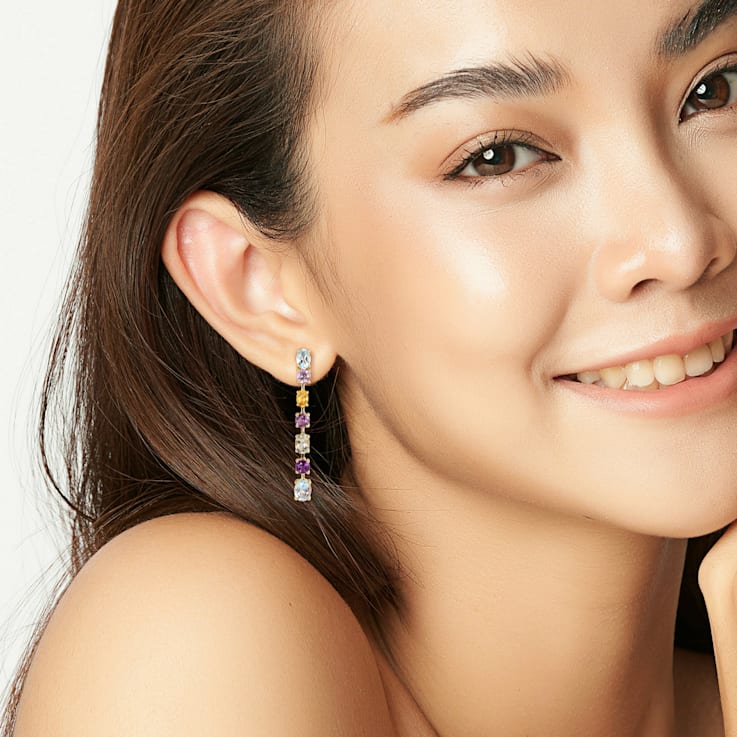10 1/8 CT TGW Multi-Gemstone Linear Drop Earrings 14K Yellow Gold