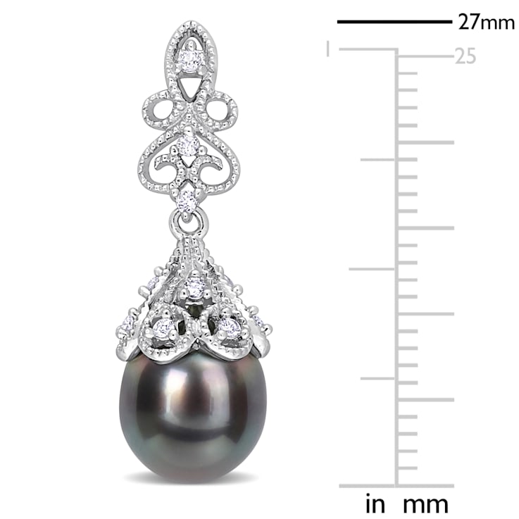 8-8.5MM Black Tahitian Cultured Pearl and 1/4 CT TGW White Topaz Drop
Earrings in Sterling Silver