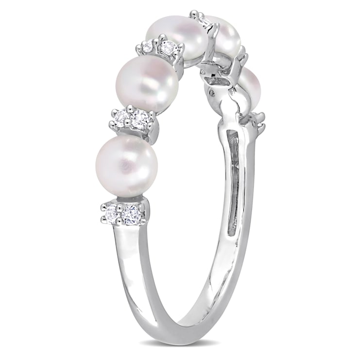 3.5-4MM Freshwater Cultured Pearl and 1/8 CT TGW White Topaz Semi
Eternity Ring in Sterling Silver