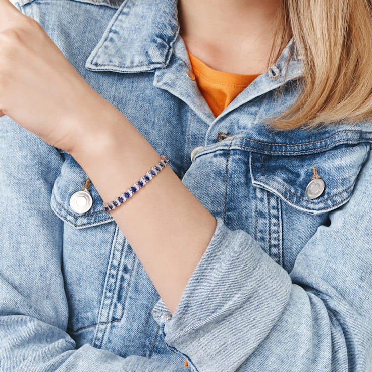 13 1/5 CT TGW Created Blue Sapphire and Diamond Accent S-Link Bracelet
in Sterling Silver